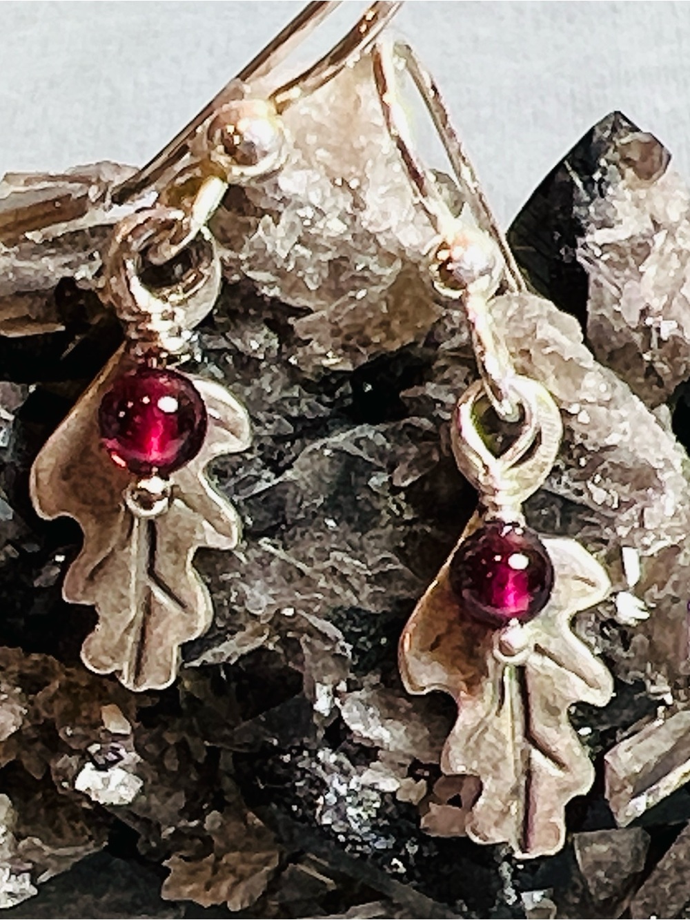 Garnet gemstones with oak leaf charms Sterling Silver earwires, dangle earring